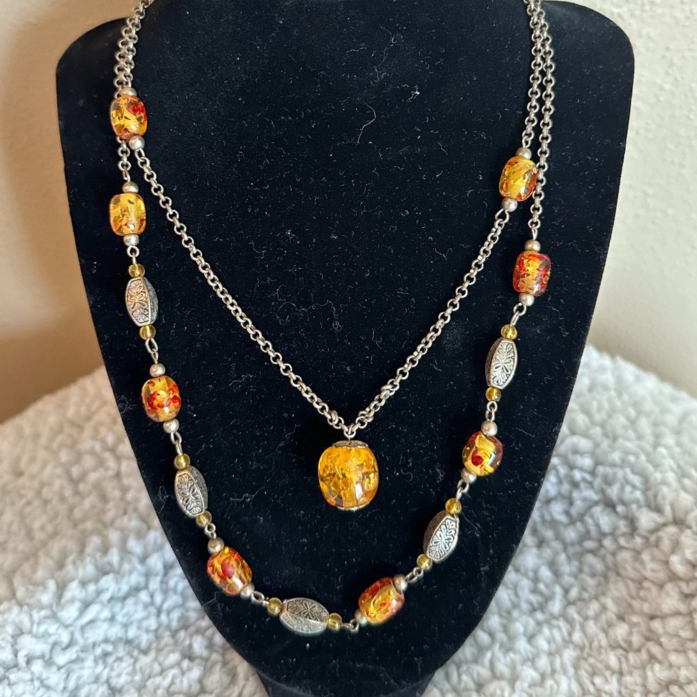Vintage Two Strand Necklace With Orange and Amber Glass Beads